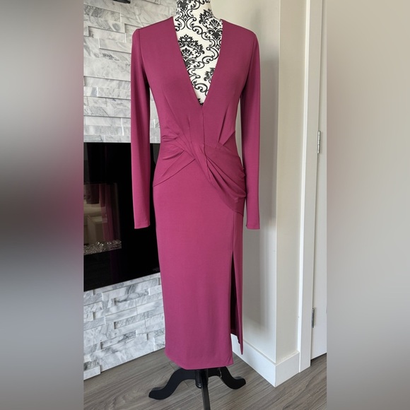 Cushnie Deep V-Neck Midi Dress in Berry - Picture 2 of 11